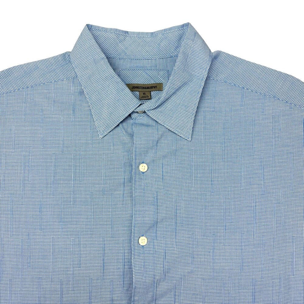 Johnston & Murphy Shirt Men's Extra Large Blue Gingham Check Plaid Short Sleeve